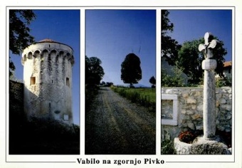 Digitalna vsebina dCOBISS (Vabilo na zgornjo Pivko [Slikovno gradivo] : grad Kalec, bivališče Miroslava Vilharja (1818-1871), pesnika, skladatelja in politika : Pivška lipa : Značilno pivško-kraško znamenje)