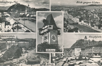 Digitalna vsebina dCOBISS (Graz [Slikovno gradivo] : Schloßberg u. Mur : Blick gegen Süden : Jakominiplatz : Hauptplatz : Uhrturm)